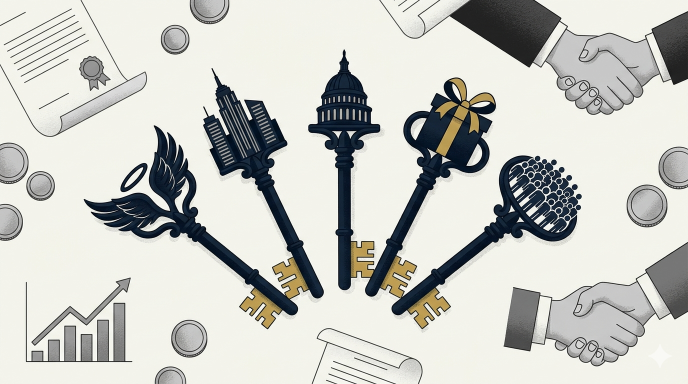 スタートアップの資金調達方法を示す5つの鍵のイラスト